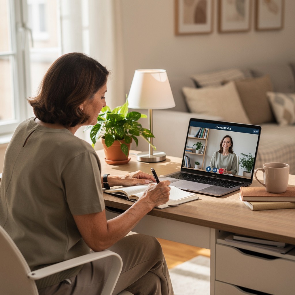 Woman taking notes at home during a telehealth visit about hormone therapy and heart health