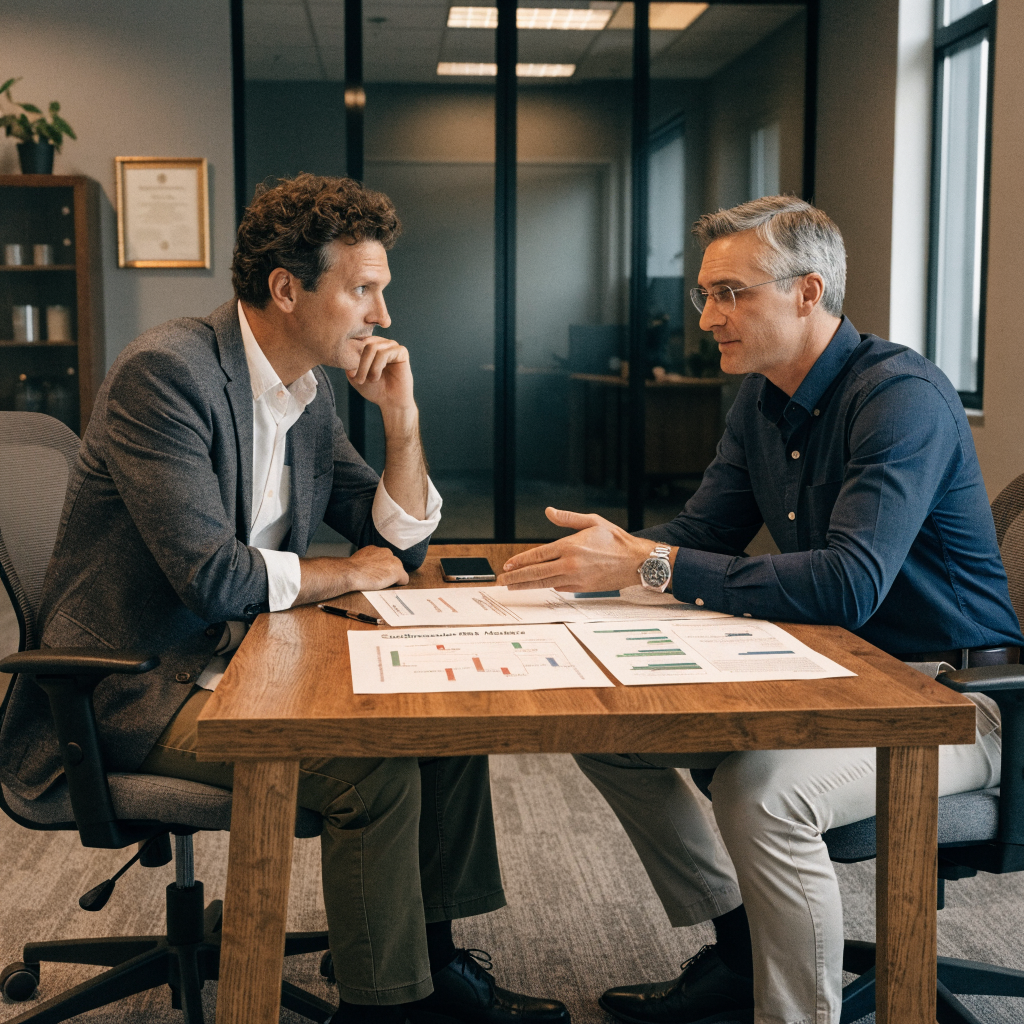 Man reviewing lab results with a doctor, discussing cardiovascular risk factors connected to hair loss in men