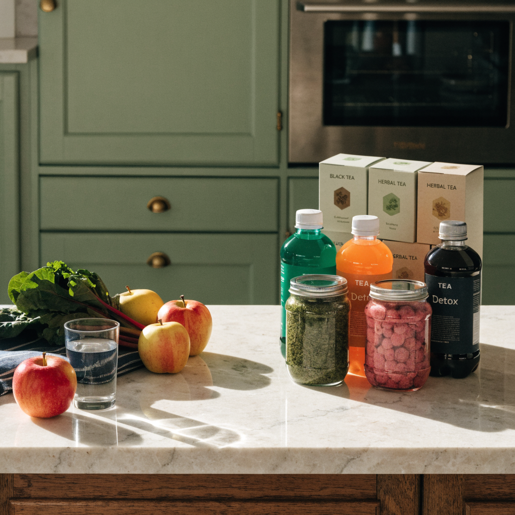 Kitchen counter contrast between fresh whole foods and detox product bottles and tea boxes