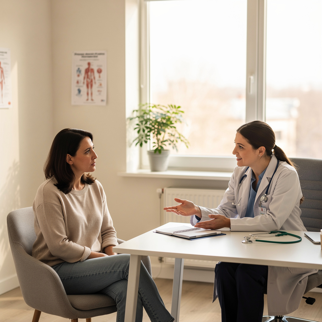 A woman in her forties having a warm, supportive conversation with a clinician in a bright consultation room, representing early evaluation and shared decision-making