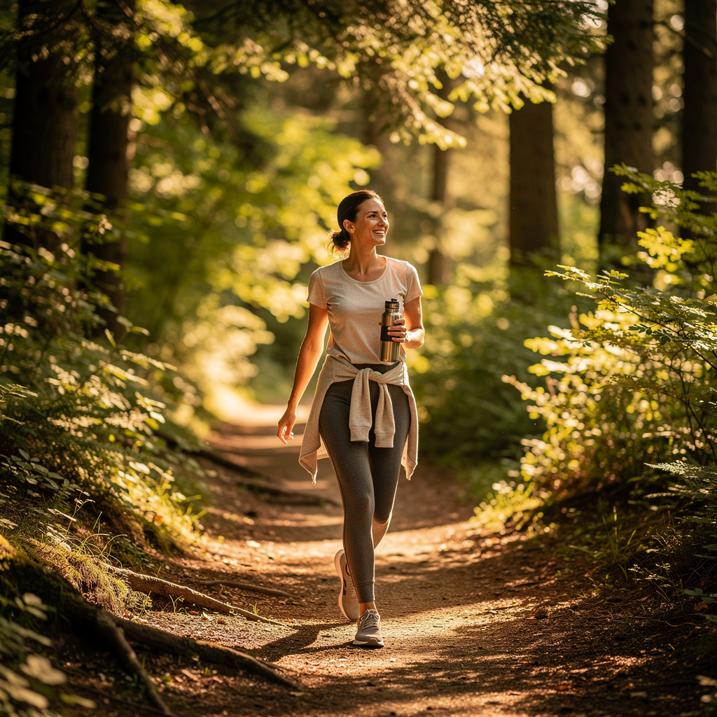 A woman walking on a forest trail, representing lifestyle habits that support hormonal balance.